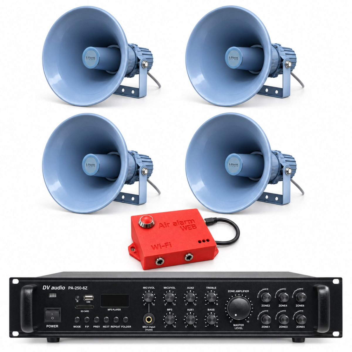 Комплект оповещения о воздушной тревоге AIR alert Wi-Fi-WEB + 4×LFA 60 Вт + DV Audio PA-250-6Z до 2400 м²