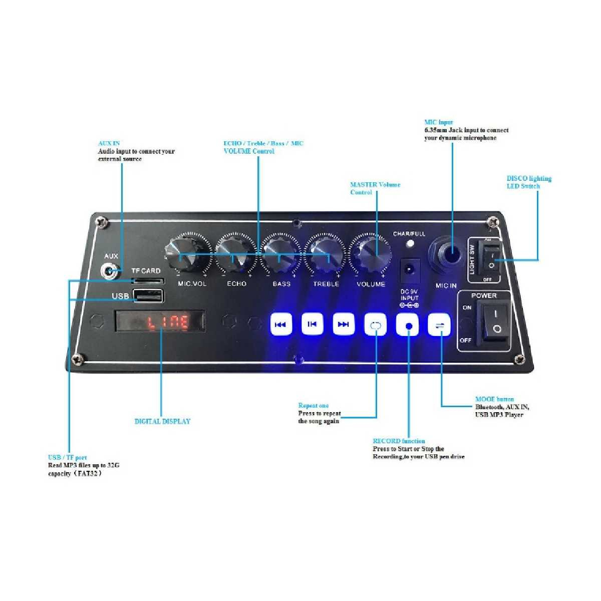 Портативна акустична система BIG310BAT USB/MP3/FM/BT/TWS + 2pcs VHF mic