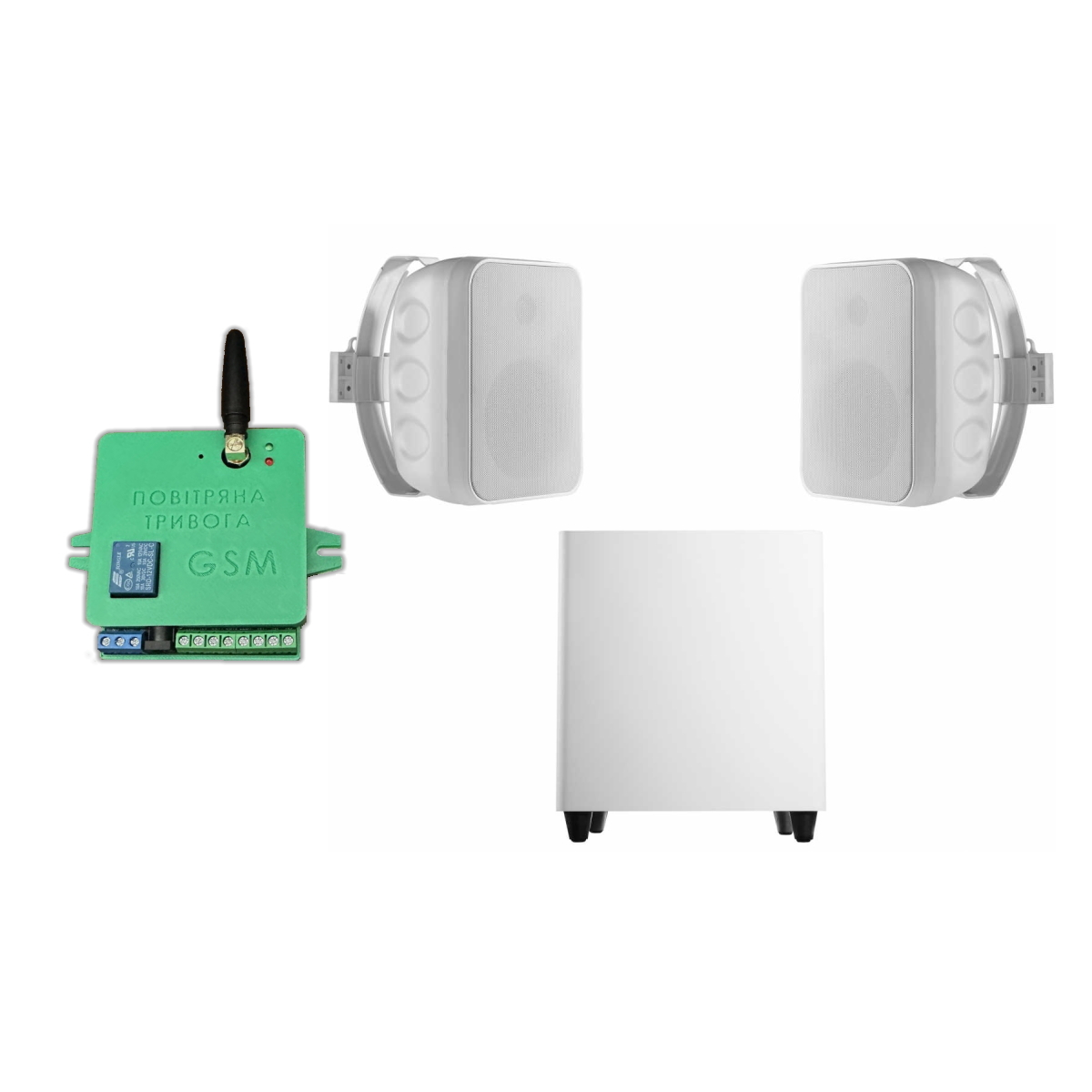 Акустичний комплект SKY SOUND SUBT-10W/OS (2*40Вт) WHITE + Автоматизований модуль Повітряна тривога GSM + Хвилина мовчання