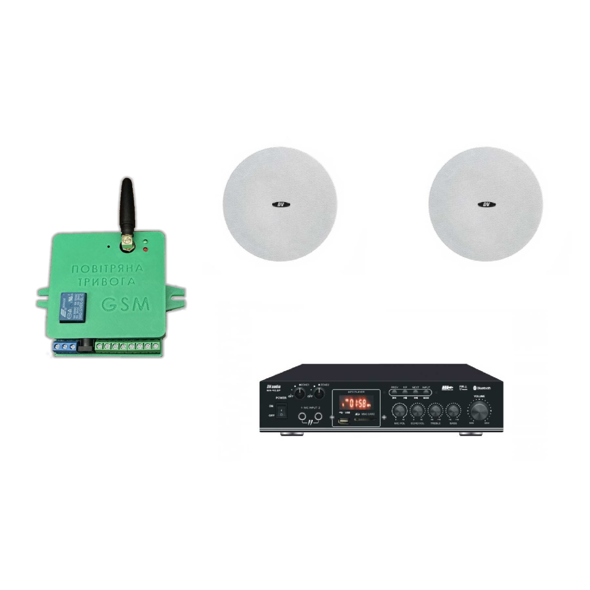 Комплект звуку DV audio MA402CMG6W до 40м.кв. + Автоматизований модуль Повітряна тривога GSM + Хвилина мовчання