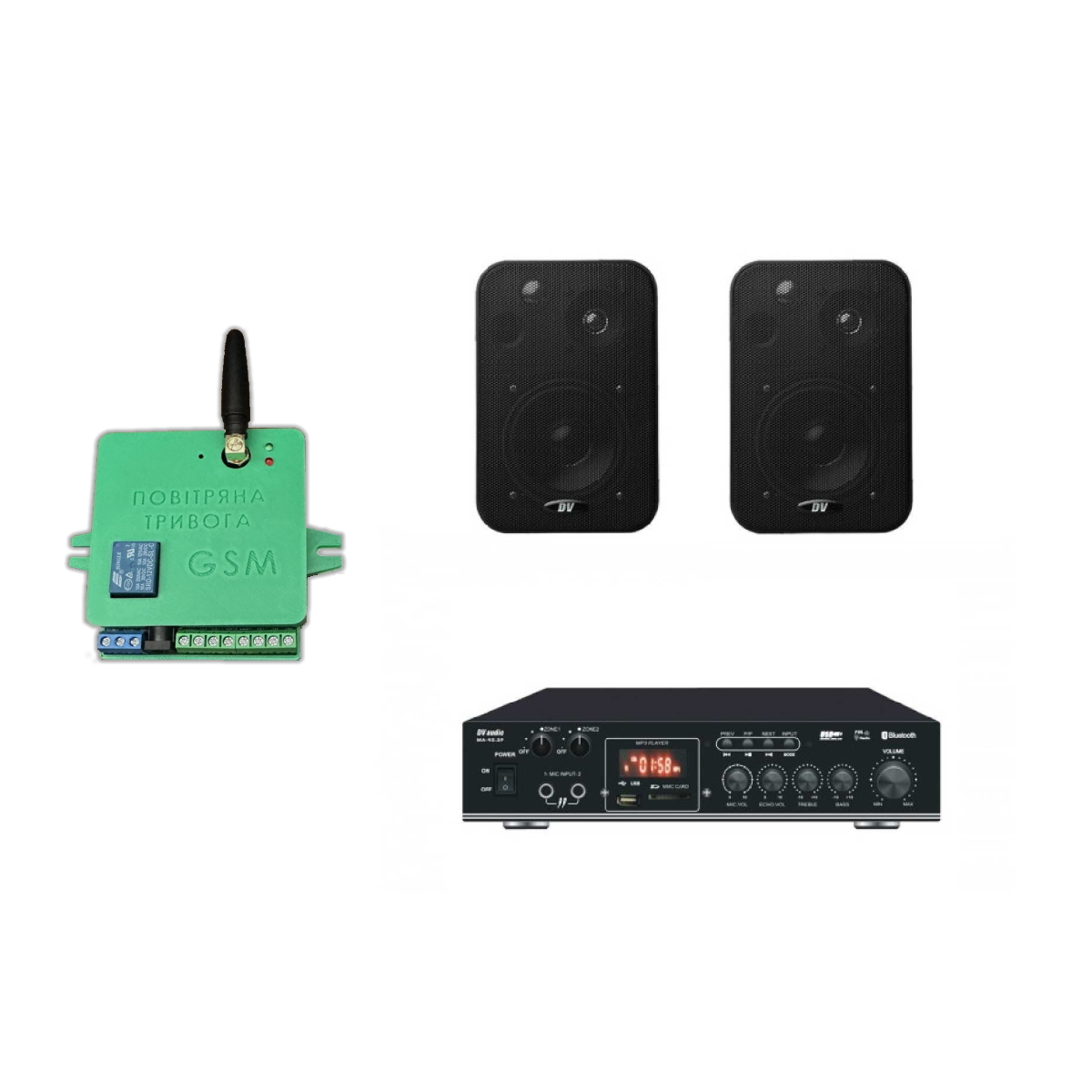 Комплект звуку DV audio MA402CON1B до 40м.кв. + Автоматизований модуль Повітряна тривога GSM + Хвилина мовчання