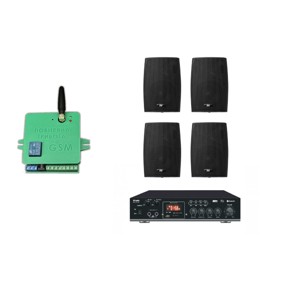 Комплект звуку DV audio MA404PB4B до 80м.кв + Автоматизований модуль Повітряна тривога GSM + Хвилина мовчання
