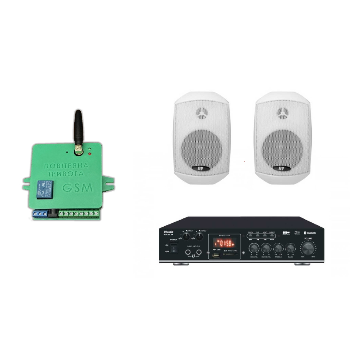 Комплект звуку DV audio MA402MS4W до 40м. + Автоматизований модуль Повітряна тривога GSM + Хвилина мовчання