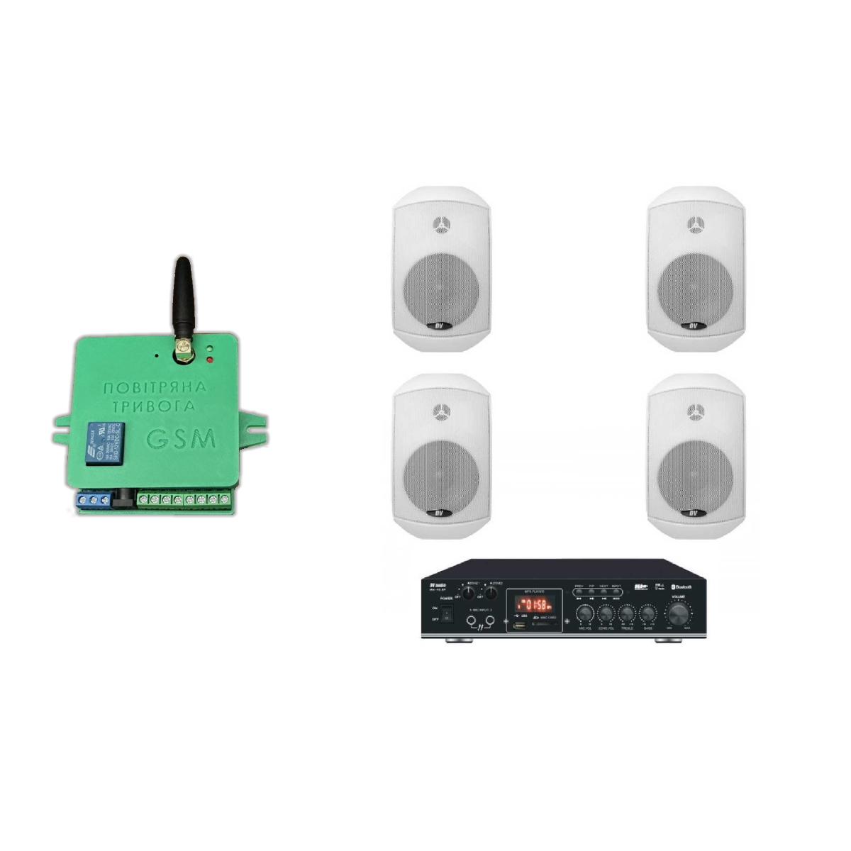 Комплект звука DV audio MA404MS4W до 80м.кв + Автоматизированный модуль Воздушная тревога GSM + Минута молчания