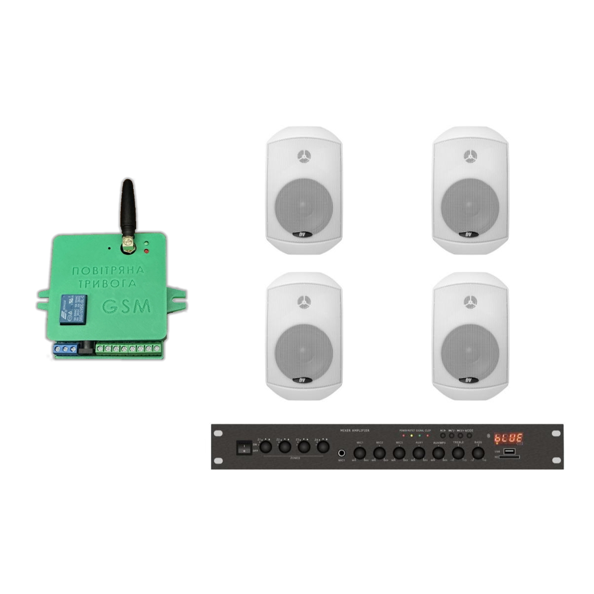 Комплект звука DV Audio LA1004MS5W до 80м. кв. + Автоматизований модуль Повітряна тривога GSM + Хвилина мовчання