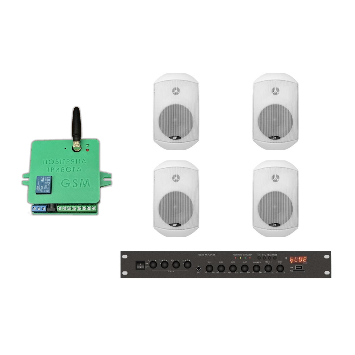 Комплект звука DV Audio LA804MS5W до 80м. кв. + Автоматизированный модуль Воздушная тревога GSM + Минута молчания