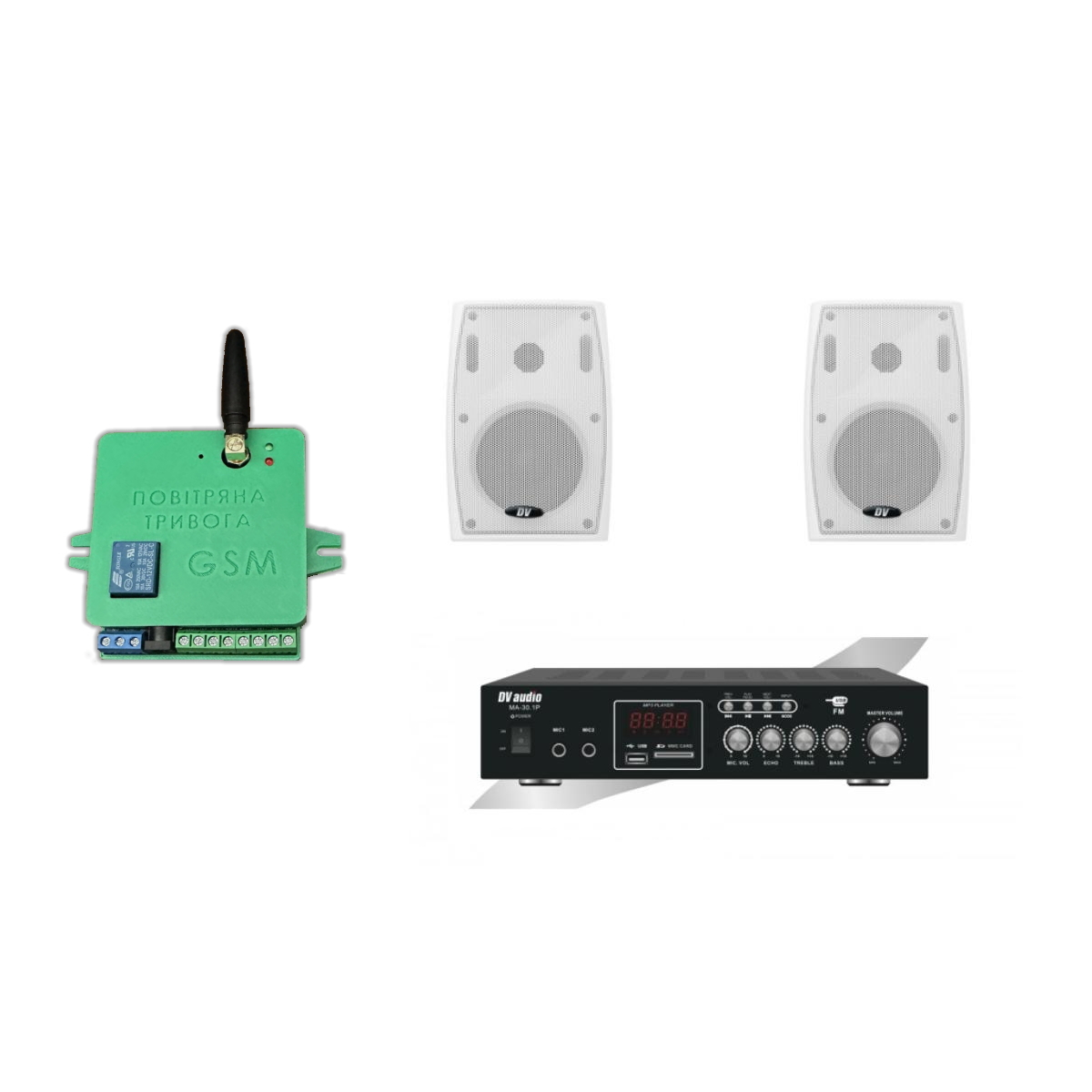 Комплект звука DV audio MA302PB4W до 40м.кв + Автоматизированный модуль Воздушная тревога GSM + Минута молчания
