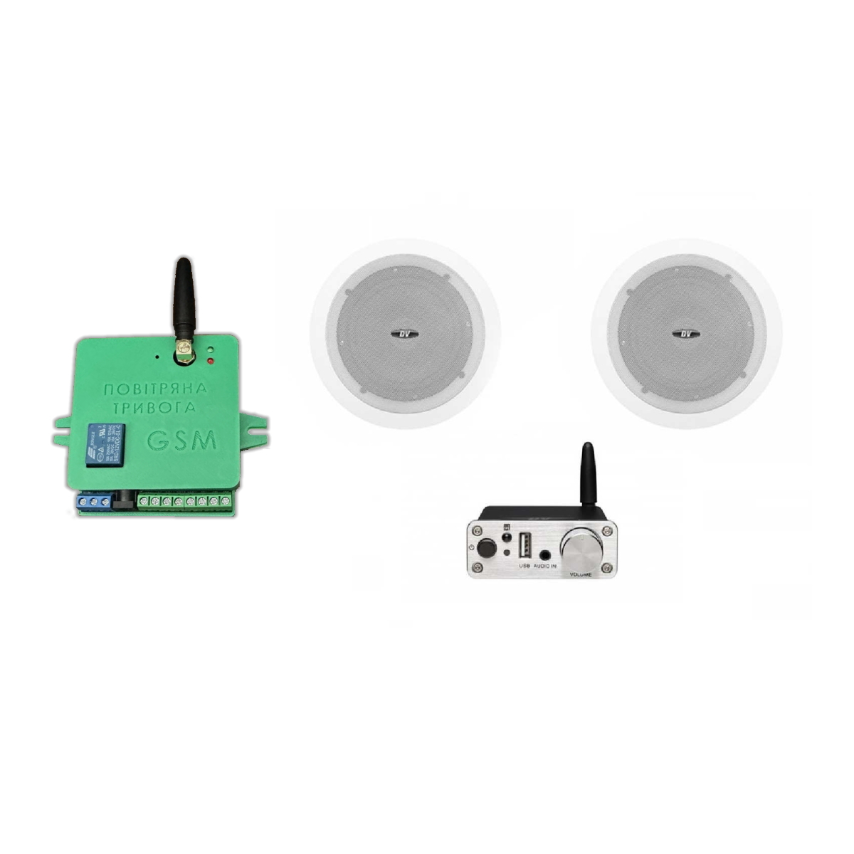 Комплект звуку DV audio A30W2C6 до 30м.кв. + Автоматизований модуль Повітряна тривога GSM + Хвилина мовчання