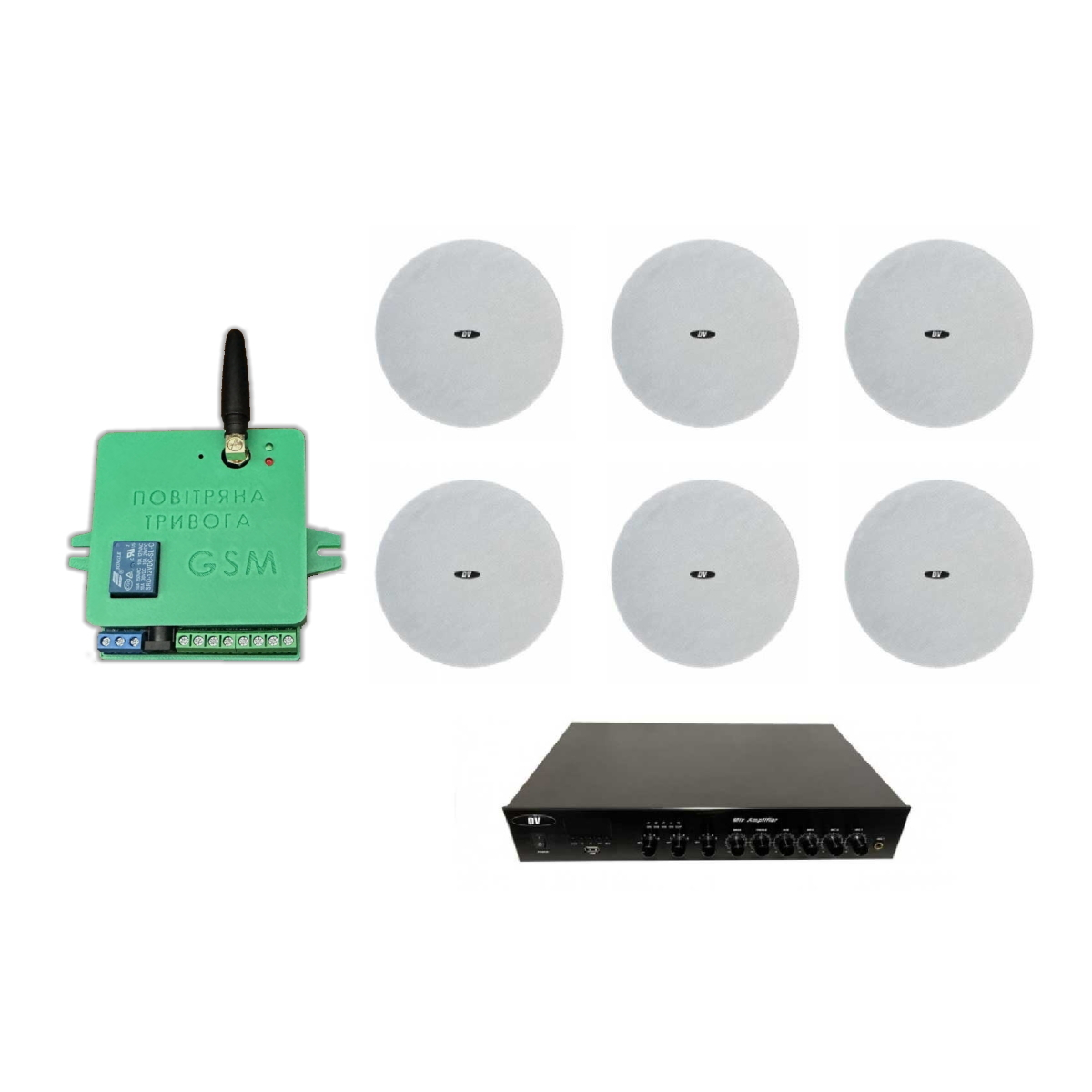 Комплект звуку DV audio LA1206CMG8W до 120 м.кв + Автоматизований модуль Повітряна тривога GSM + Хвилина мовчання