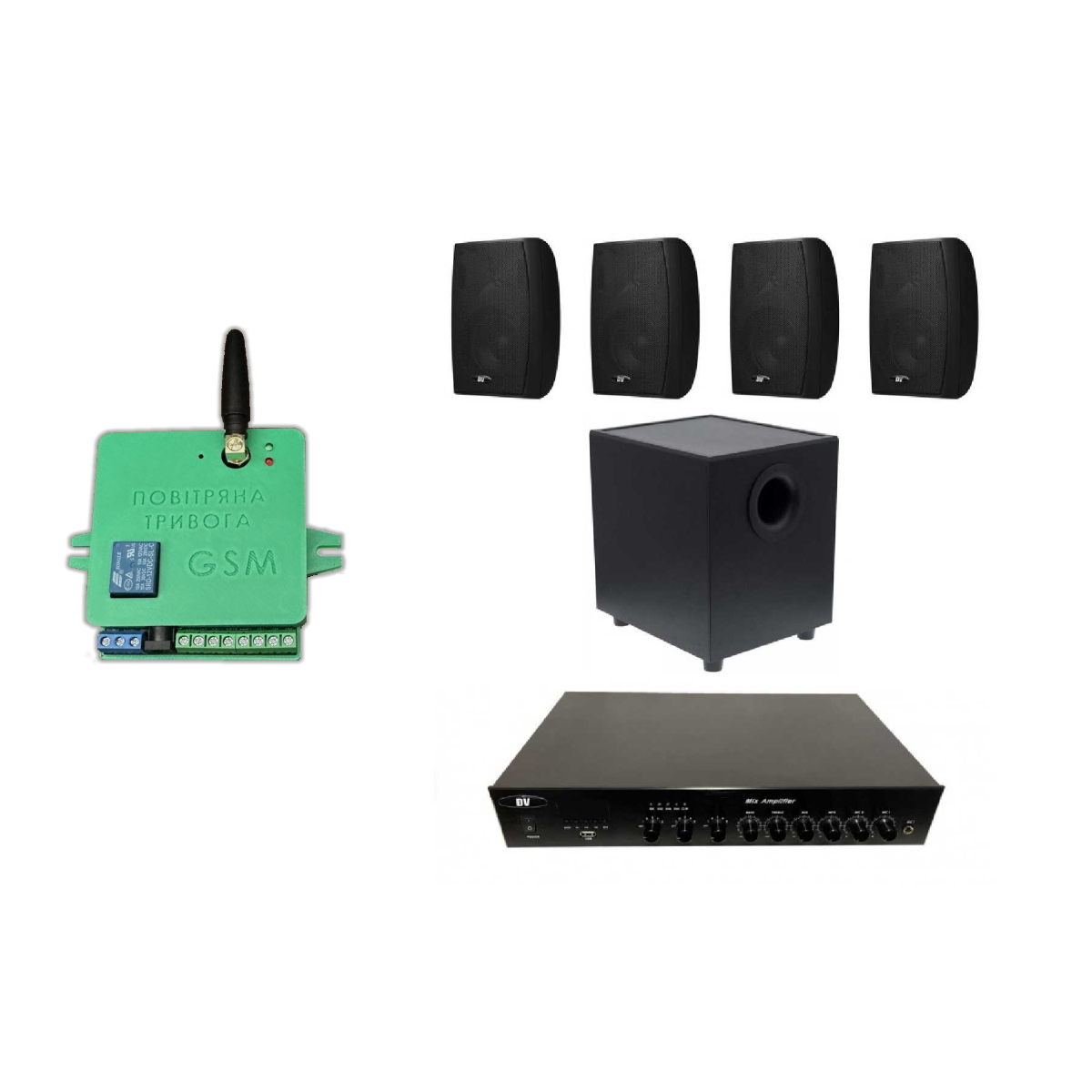Комплект звука DV audio LA1204PB4BSUB8T до 80м.кв + Автоматизированный модуль Воздушная тревога GSM + Минута молчания