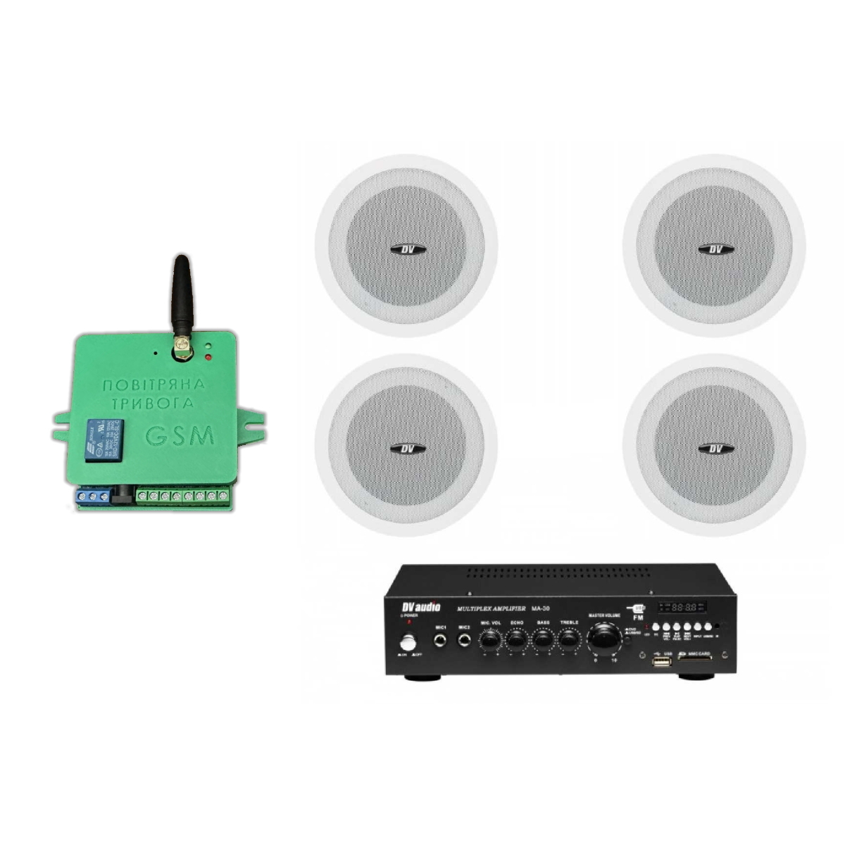 Комплект звука DV audio MA304501 до 80м.кв. + Автоматизированный модуль Воздушная тревога GSM + Минута молчания