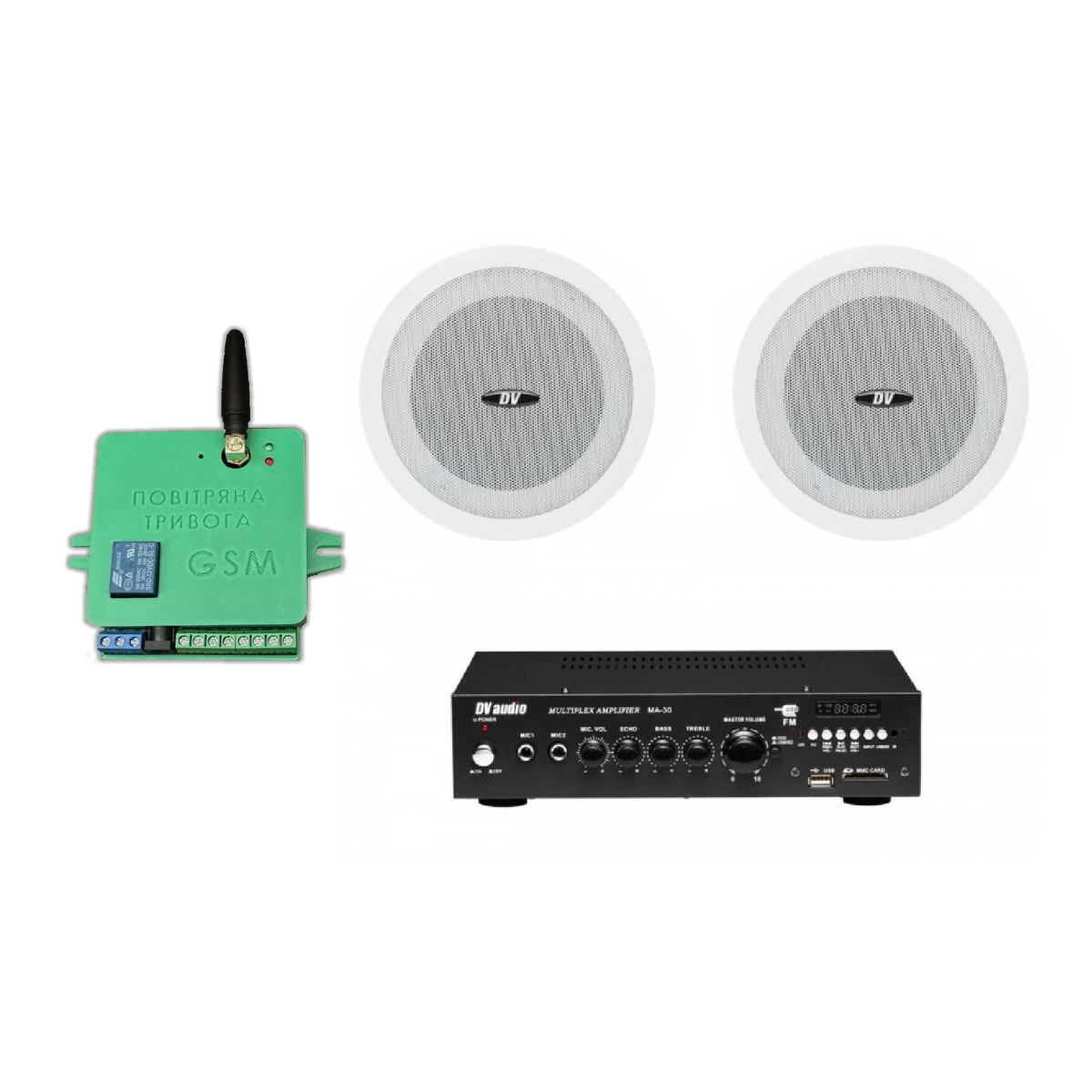 Комплект звуку DV audio MA302601 до 40м.кв. + Автоматизований модуль Повітряна тривога GSM + Хвилина мовчання