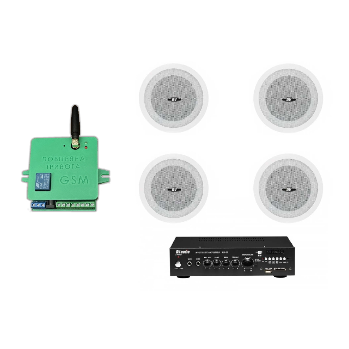 Комплект звука DV audio MA304601 до 80м.кв. + Автоматизированный модуль Воздушная тревога GSM + Минута молчания