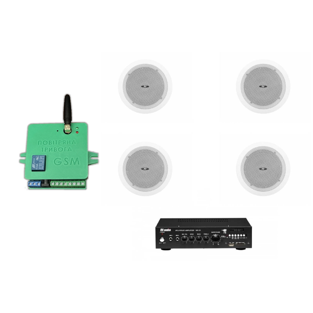 Комплект звуку DV audio MA304C6 до 80м.кв. + Автоматизований модуль Повітряна тривога GSM + Хвилина мовчання