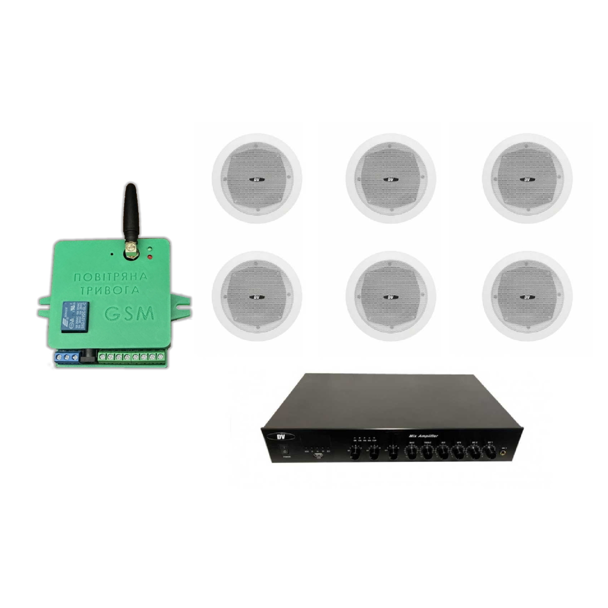 Комплект звука DV Audio LA606C5 до 120 м.кв. + Автоматизированный модуль Воздушная тревога GSM + Минута молчания