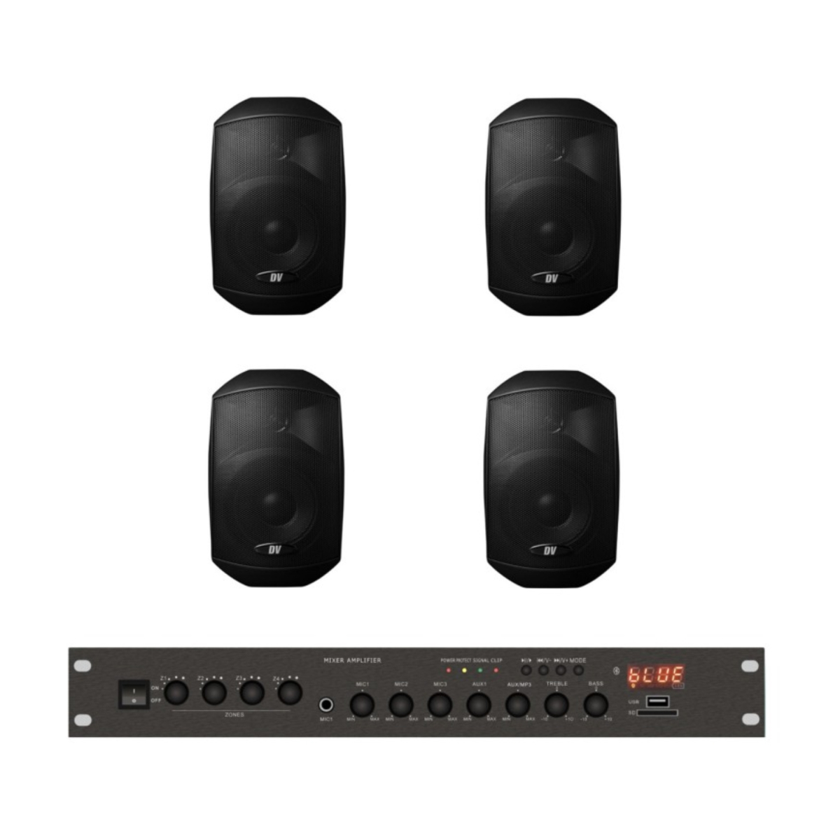 Комплект звуку DV audio LA804MS4B для приміщення до 80м.кв. + Автоматизований модуль Повітряна тривога GSM + Хвилина мовчання