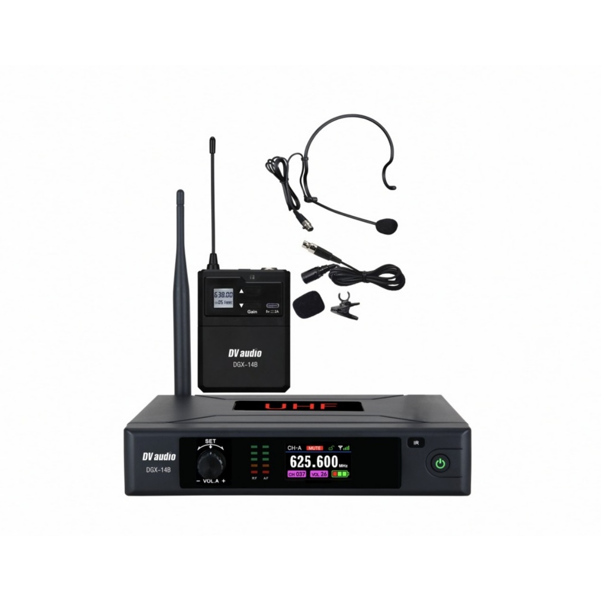 Радіосистема DV audio DGX-14B, UHF 615–664,75 MHz, гарнітура + петличка, 30 каналів