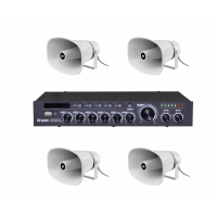 Комплект звука DV audio DMA1204HS30 для зоны оповещения до 1200 м², трансляционный усилитель + 4 рупорные АС