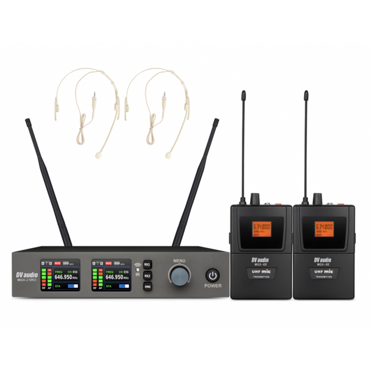 Радиосистема с двумя поясными передатчиками и гарнитурами DV Audio MGX-24B MKII