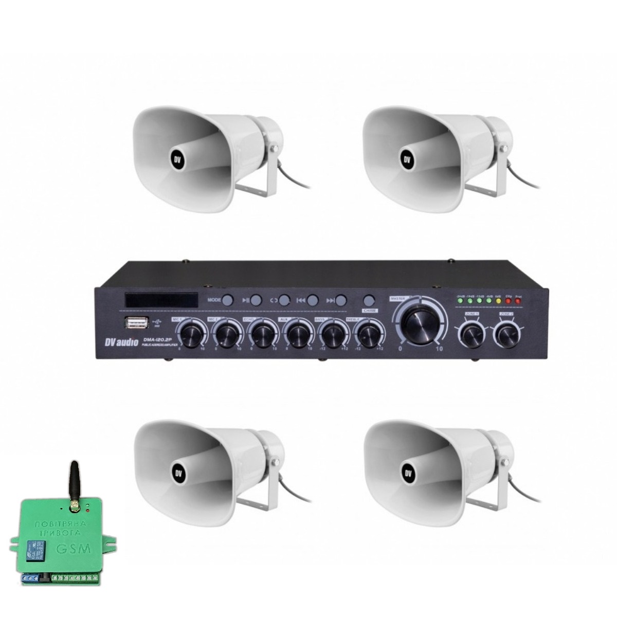 Комплект звуку DV audio DMA1204HS30 для зони оповіщення до 1200 м², трансляційний підсилювач + 4 рупорні АС + Автоматизований модуль Повітряна тривога GSM + Хвилина мовчання