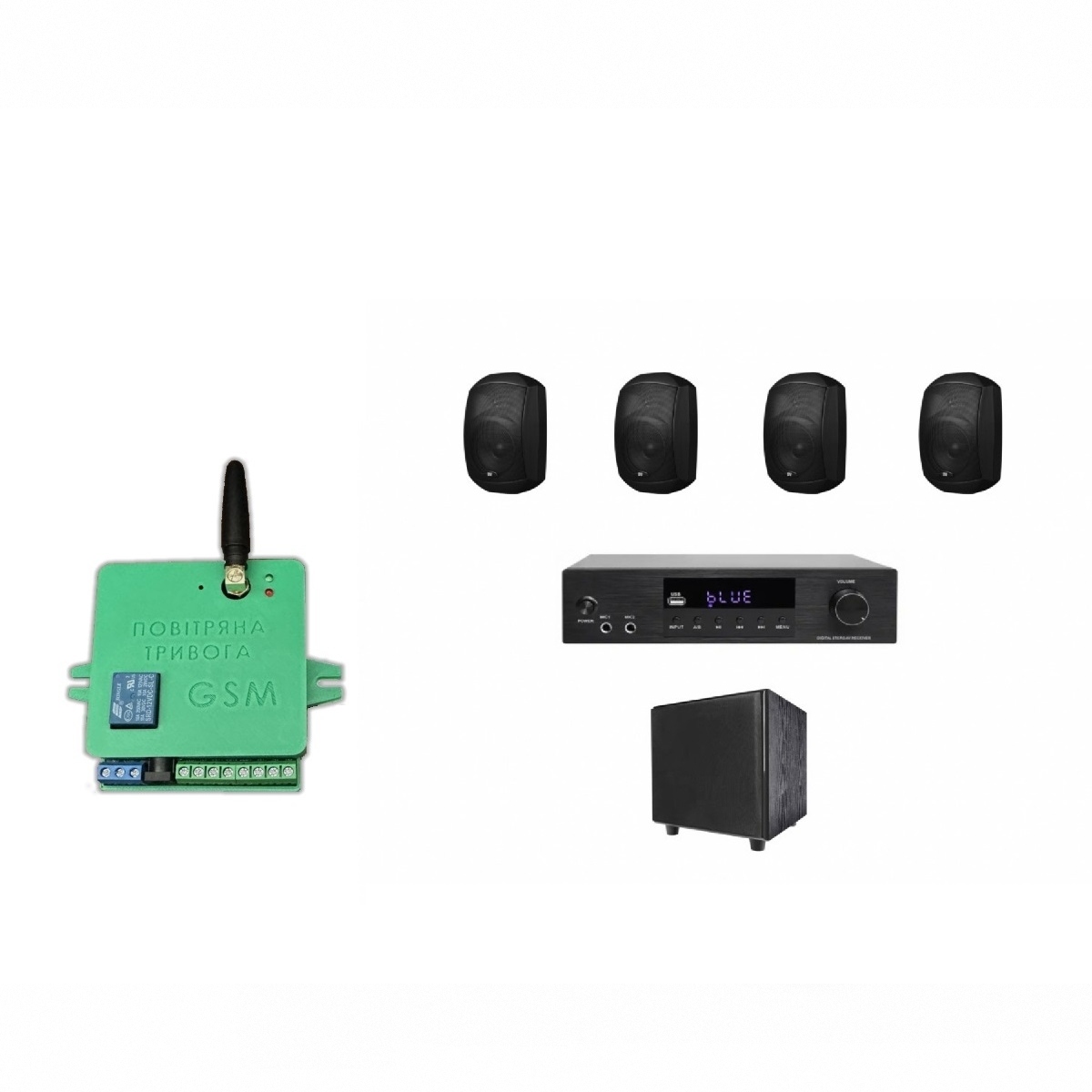 Комплект звука DV audio KTV200SW8504MS52TB, 200W, сабвуфер 8", 4 акустические системы + Автоматизированный модуль Воздушная тревога GSM + Минута молчания