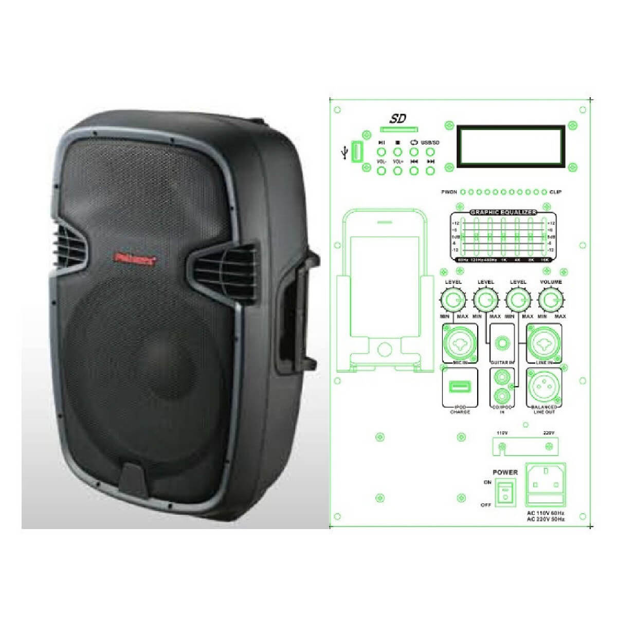 NGS PP-2115AUES-IPOD 15-3 400-600 Вт 4 Ом - активна акустична система